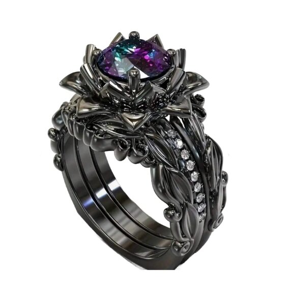 3pcs Black Leaf And Flower Style Ring Set, Inlaid With Mystic CZ - Picture 1 of 2